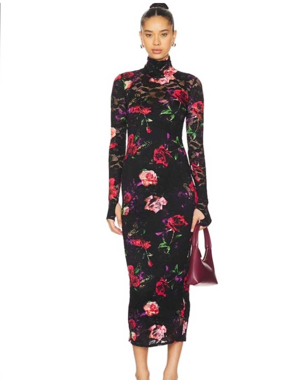 AFRM Black Lace Long-Sleeve Floral Midi Dress